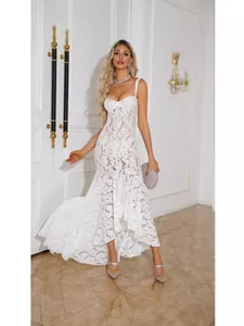 Women Sexy White Lace Sheer Spaghetti Strap Midi Dress Elegant High-Low Mermaid Hem Patchwork Evening Party Wedding Dress