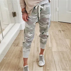 Detailed view of women's camouflage joggers featuring drawstring and ribbed cuffs