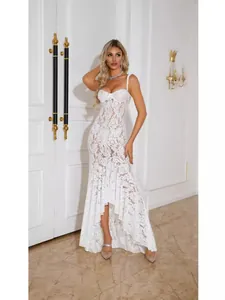 Elegant white lace spaghetti strap midi evening dress featuring an asymmetric fishtail hemline