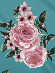 Detaillierte Nahaufnahme des rosa Rosen-Blumendrucks auf türkisfarbenem Kleiderstoff