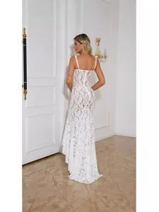 Elegant white floral lace see-through evening dress with spaghetti straps back view