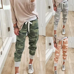 Women's Camouflage Print Jogger Pants Polyester Drawstring High Waist Casual Straight Sweatpants With Ribbed Cuffs Bottom