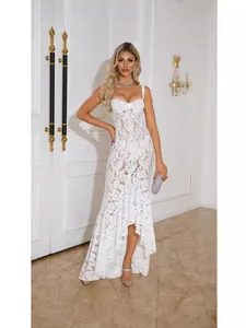 Elegant white lace mermaid evening dress with high-low hem for formal events.