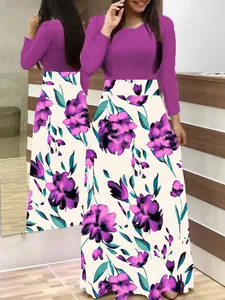 Detail view of a purple long-sleeve floral print maxi dress with large swing skirt