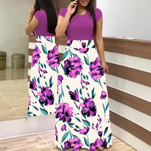 Elegant patchwork maxi dress with purple floral print and short sleeves for women