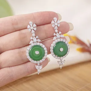 925 Sterling Silver Green Chalcedony Peace Buckle Drop Earrings Elegant Rhinestone Floral Design Jewelry Gift For Women