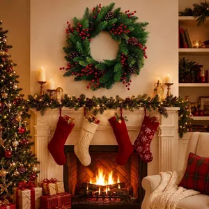 Festive artificial pine needle wreath with pinecones and red berries over fireplace