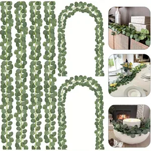 Detailed macro view of faux eucalyptus vine garlands used in various home decor settings