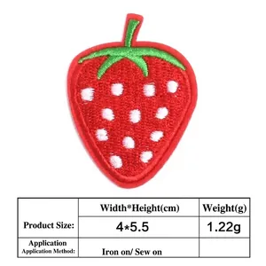 Detailed view of strawberry embroidery patch with size and weight specifications table