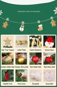 Vista detallada de varios adornos navideños que incluyen estrellas, bolas y campanas