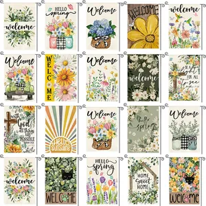 Gitteranzeige von Aquarell-Gartenflaggen für den Frühling mit Blumen und Katzen