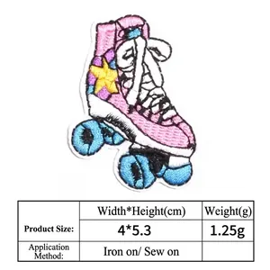 Detailed view of pink roller skate embroidered patch showing dimensions 4x5.3cm and weight
