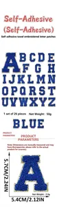 Self-adhesive blue chenille embroidered letter patches with gold glitter for DIY
