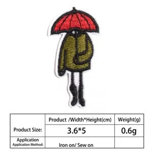 Guide des tailles détaillé pour écusson brodé avec figurine et parapluie rouge.