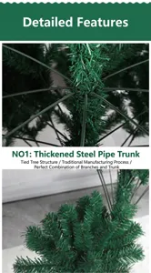 Detalle del tronco de tubo de acero reforzado y agujas de PVC densas del árbol de Navidad.