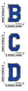 Detailed size and weight specifications for blue chenille letter patches B, C, and D