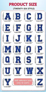 Detail chart of blue chenille alphabet patches with dimensions and weights for DIY.