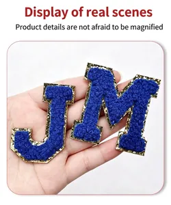 Close-up of blue chenille letter patches with gold glitter border detail.