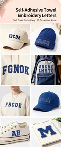 Self-adhesive blue chenille alphabet patches applied to hats, bags, and clothes for DIY decor.