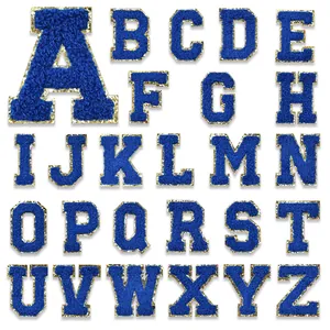 Blue Chenille Letter Patches Gold Glitter Border Towel Embroidery Patch For Clothing Bag DIY Decoration Sticker A-Z Alphabet
