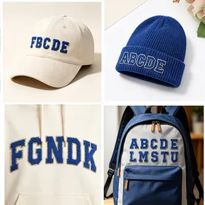 Blue chenille letter patches for DIY decoration on hats, hoodies, and backpacks.
