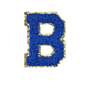 Blue chenille letter B embroidery patch with gold glitter border for DIY decor
