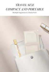 Vue détaillée d'un flacon de parfum portable format voyage dans un sac à main blanc