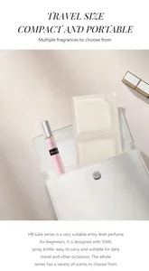 Vista dettagliata di un profumo da viaggio rosa da 35 ml in una borsa a busta bianca