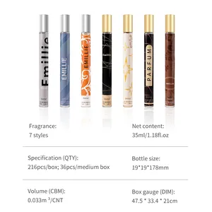 Sept flacons de parfum de voyage de 35ml présentés avec un tableau complet de spécifications