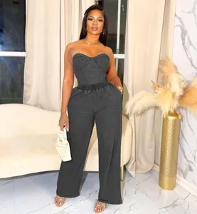 Schickes zweiteiliges Denim-Set mit Korsett-Top und weiter Hose in Anthrazit