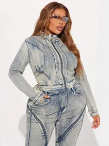 Chic washed denim two-piece set featuring zip-up jacket and matching skinny pants