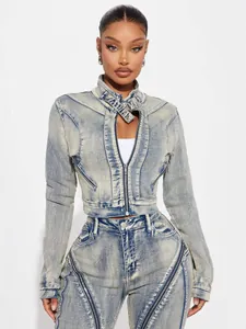 Fashionable high stretch washed blue denim jacket and matching pants set for women