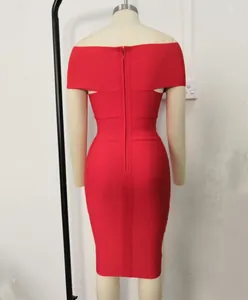 Detailed back view of an elegant red off-the-shoulder bandage dress on a mannequin