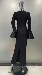 Elegant black slim fit maxi dress with rhinestone high neck and flared sleeve detail