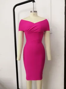 Elegant hot pink off-the-shoulder bandage bodycon dress shown on a mannequin front view