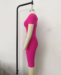 Side view of fuchsia off-the-shoulder bandage bodycon midi dress on mannequin