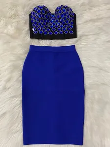Ensemble top corset à strass bleu roi et jupe bandage assortie pour fêtes