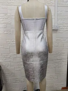 Detailed back view of a silver metallic sleeveless bandage bodycon dress for party wear