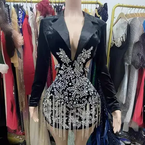 Women Sexy Backless Blazer Dress With Rhinestone Tassel Lapel V-Neck Long Sleeve Patchwork Elegant Evening Party Mini Dress