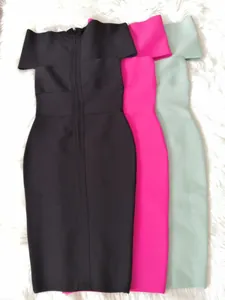 Off-the-shoulder bodycon bandage dresses in black, hot pink, and mint green colors detail.