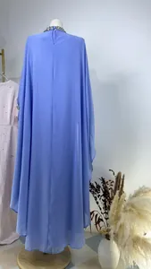 Elegant lavender chiffon kaftan dress with sparkling rhinestone collar back view.