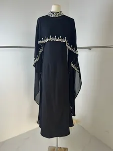 Elegant black long dress with rhinestone embellished shawl and tassel crystal cape set