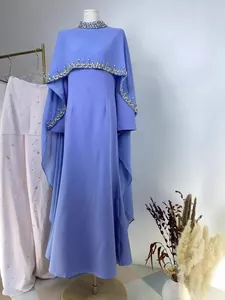 Lavender blue beaded capelet maxi dress set with rhinestone embroidery
