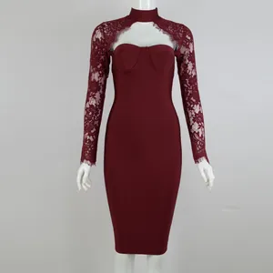 Front detail view of a burgundy bandage dress featuring elegant long floral lace sleeves