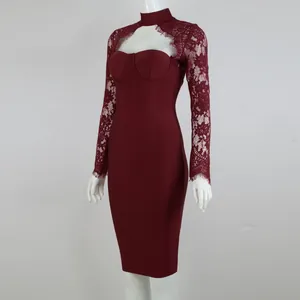 Detail view of a burgundy bandage dress with elegant lace sleeves and halter neckline