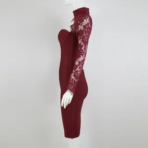 Side view of an elegant burgundy bodycon bandage dress with delicate lace long sleeves