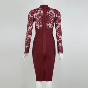 Detailed back view of an elegant burgundy lace long sleeve bodycon bandage midi dress