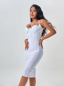 Side view of elegant white bodycon bandage dress with corset-style ribbed bodice.