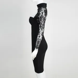 Detailed side view of an elegant black bandage dress featuring intricate floral lace sleeves