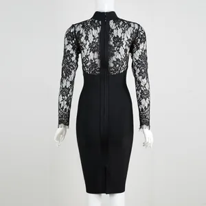 Back view of elegant black lace long sleeve bandage dress with a full back zipper detail